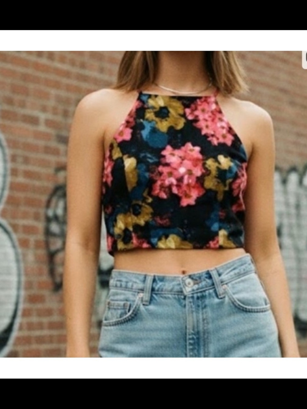 Floral Halter Crop Top in Black